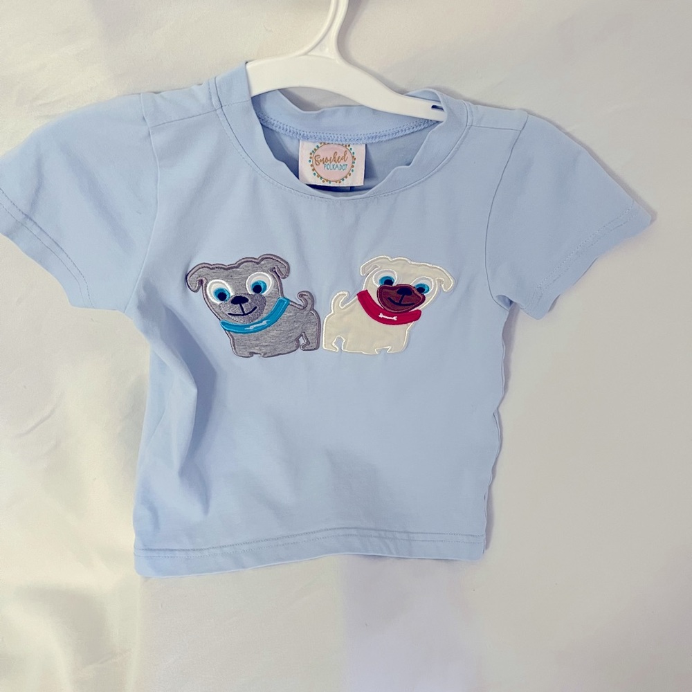 Adorable Smocked Polkadot “Puppy Dog Pals” themed kids size 2 blue shirt